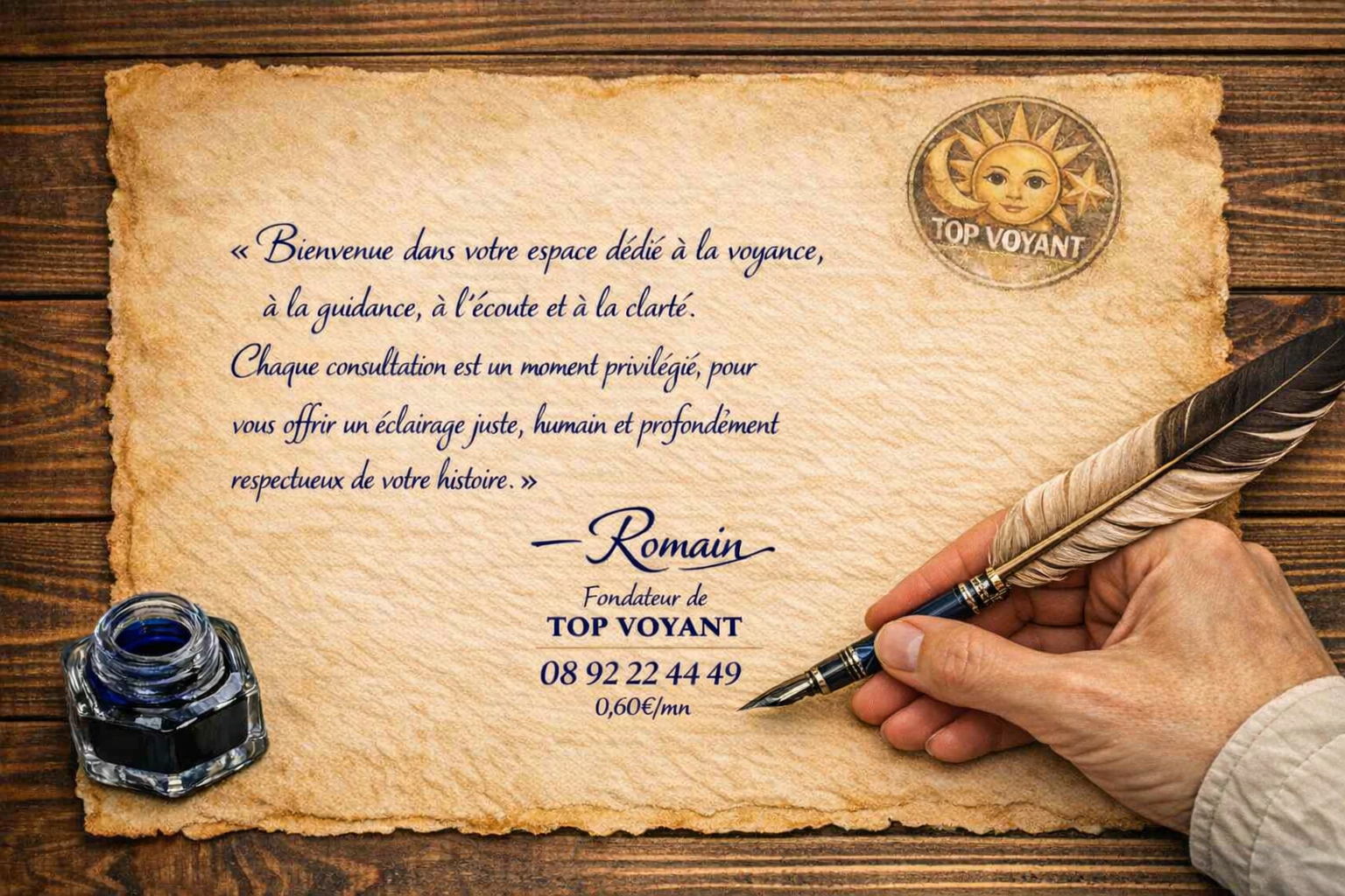 Message de Romain de Top Voyant en forme de parchemin avec écriture plume et encrier