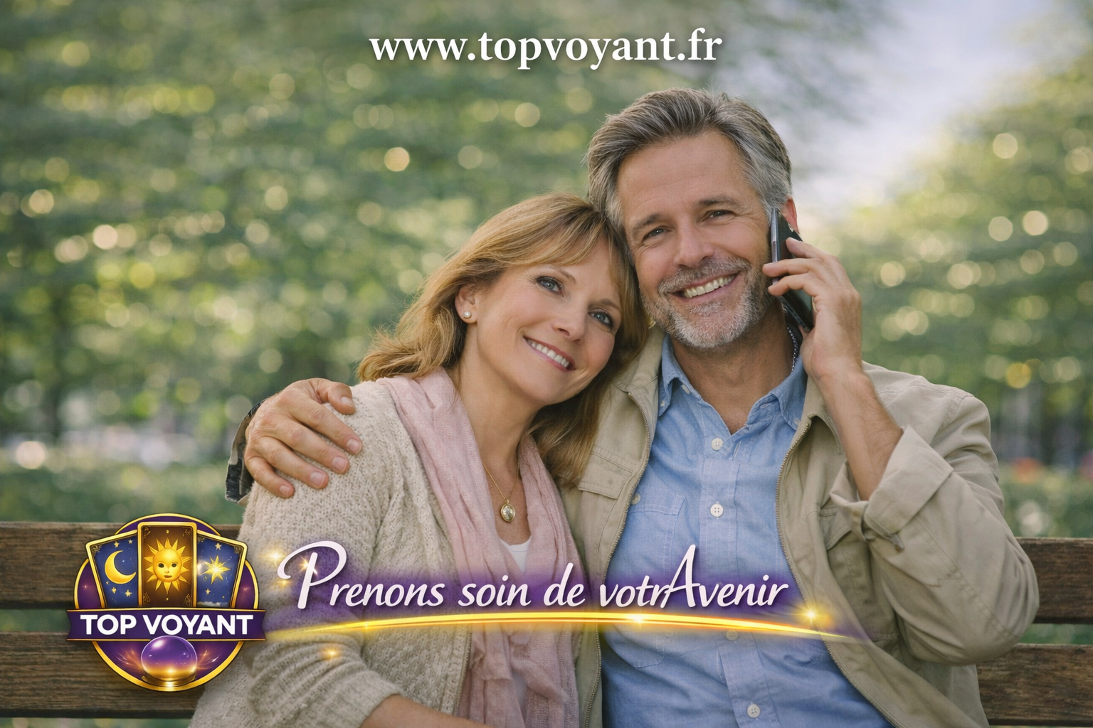 Couple dans un jardin appelant pour une voyance en ligne