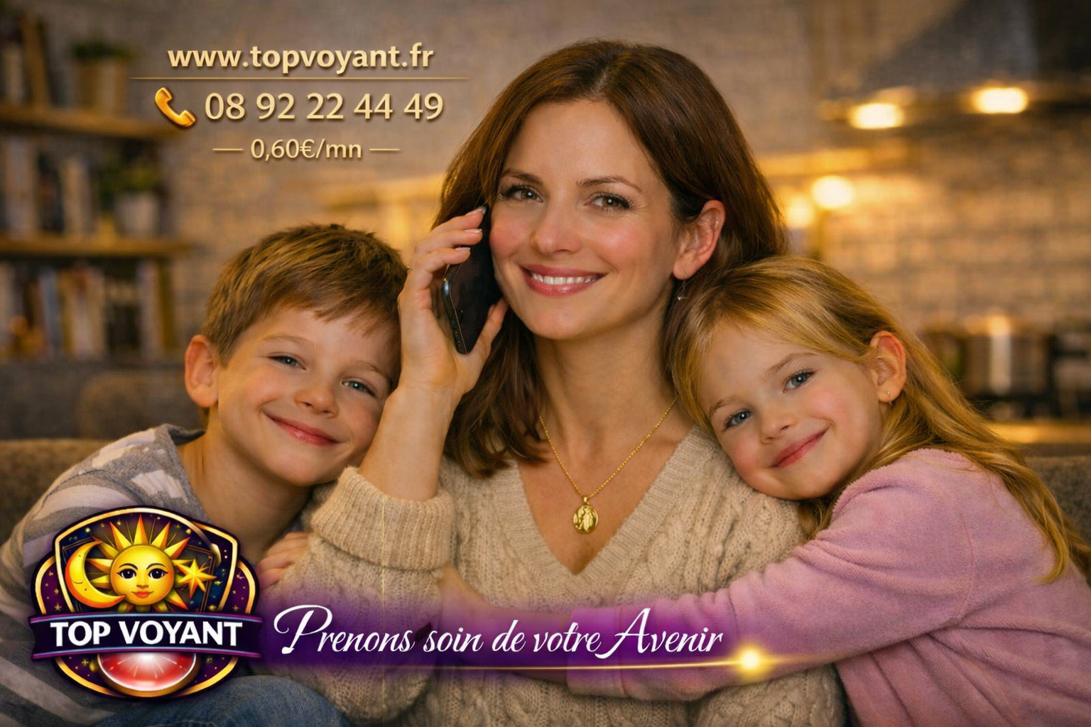 Dame téléphonant en Voyance Audiotel avec ses deux enfants