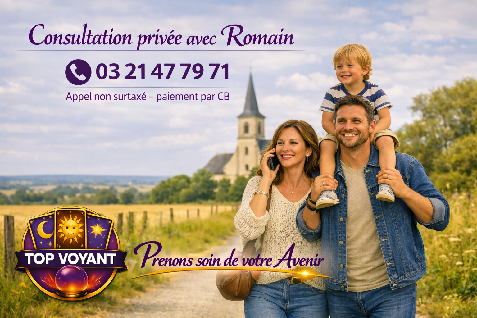 Jeune famille sur route de campagne — voyance privée avec Romain