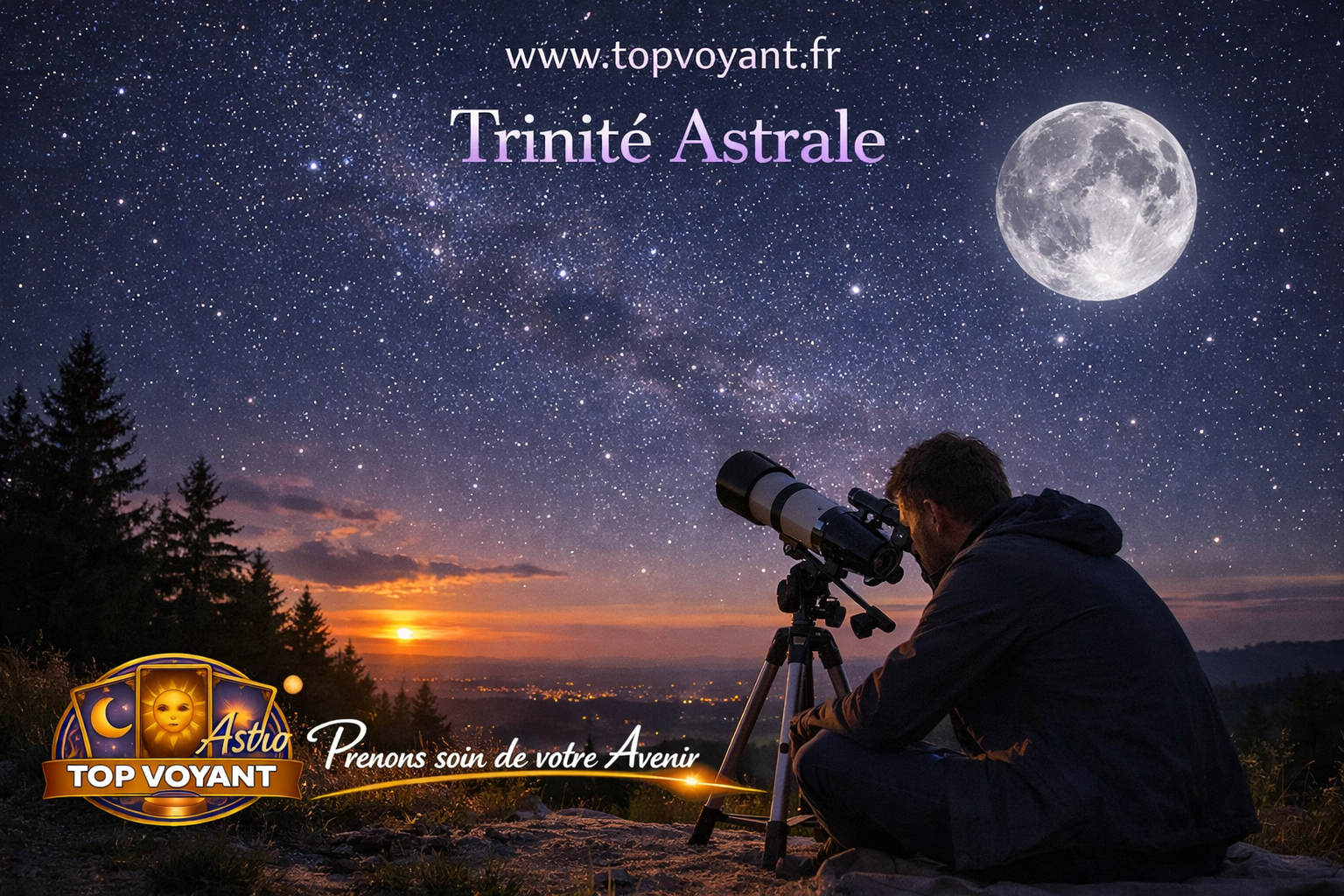 Homme regardant au télescope les étoiles, la Lune et le Soleil dans le ciel nocturne