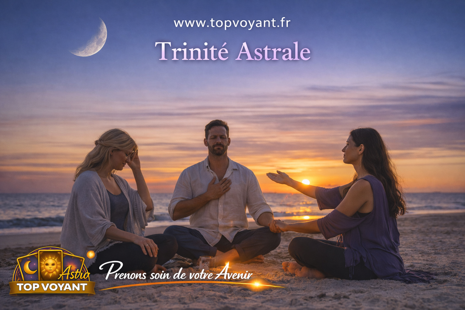 Illustration de la Trinité Astrale, avec 3 personnes sur une plage avec la lune et un lever de soleil