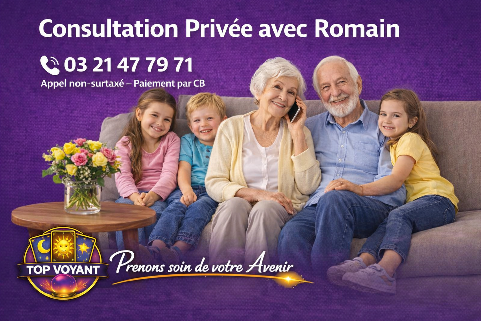 Couple âgé avec leurs petits-enfants — voyance privée avec Romain
