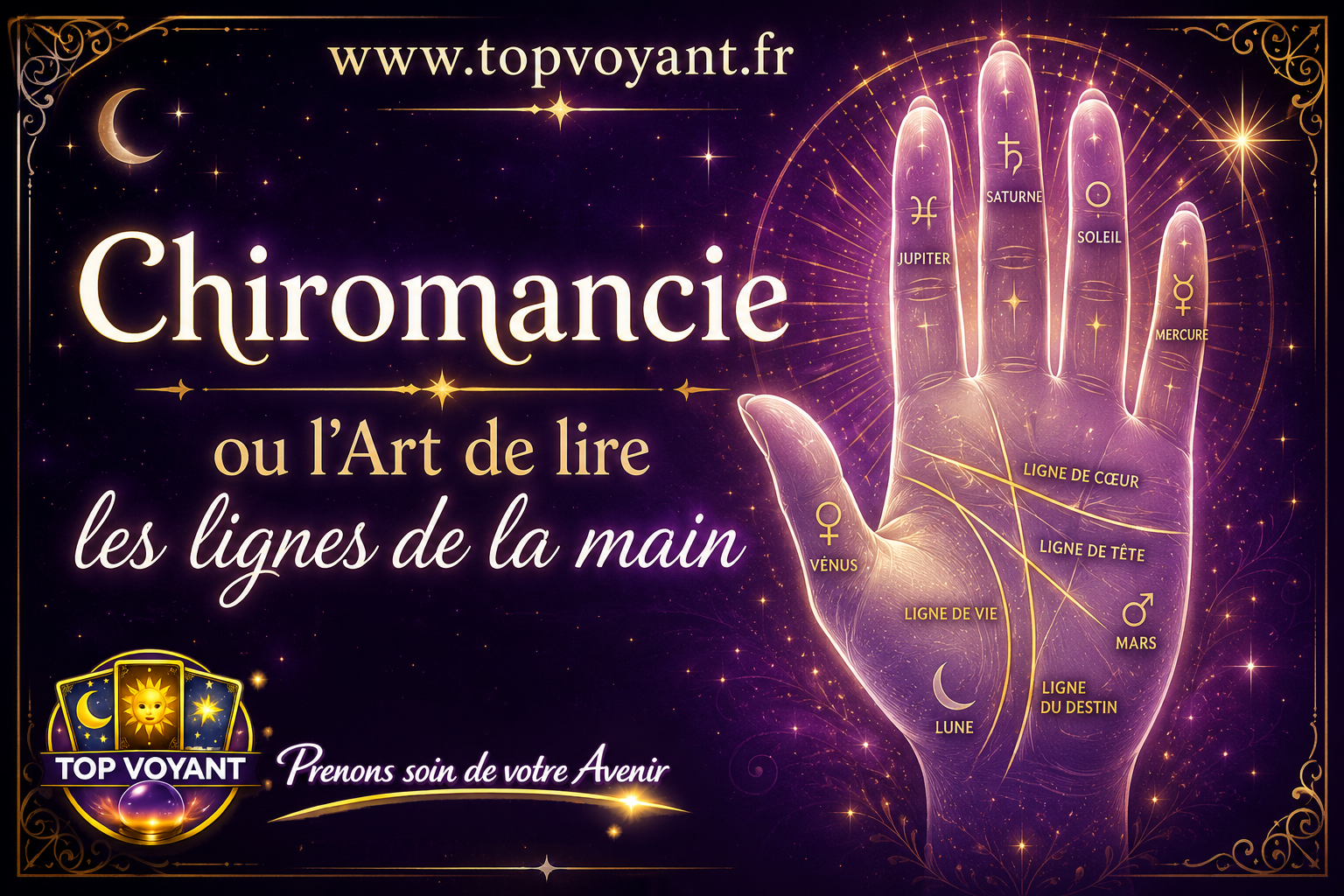 Lignes de la main avec annotation schématique pour la chiromancie
