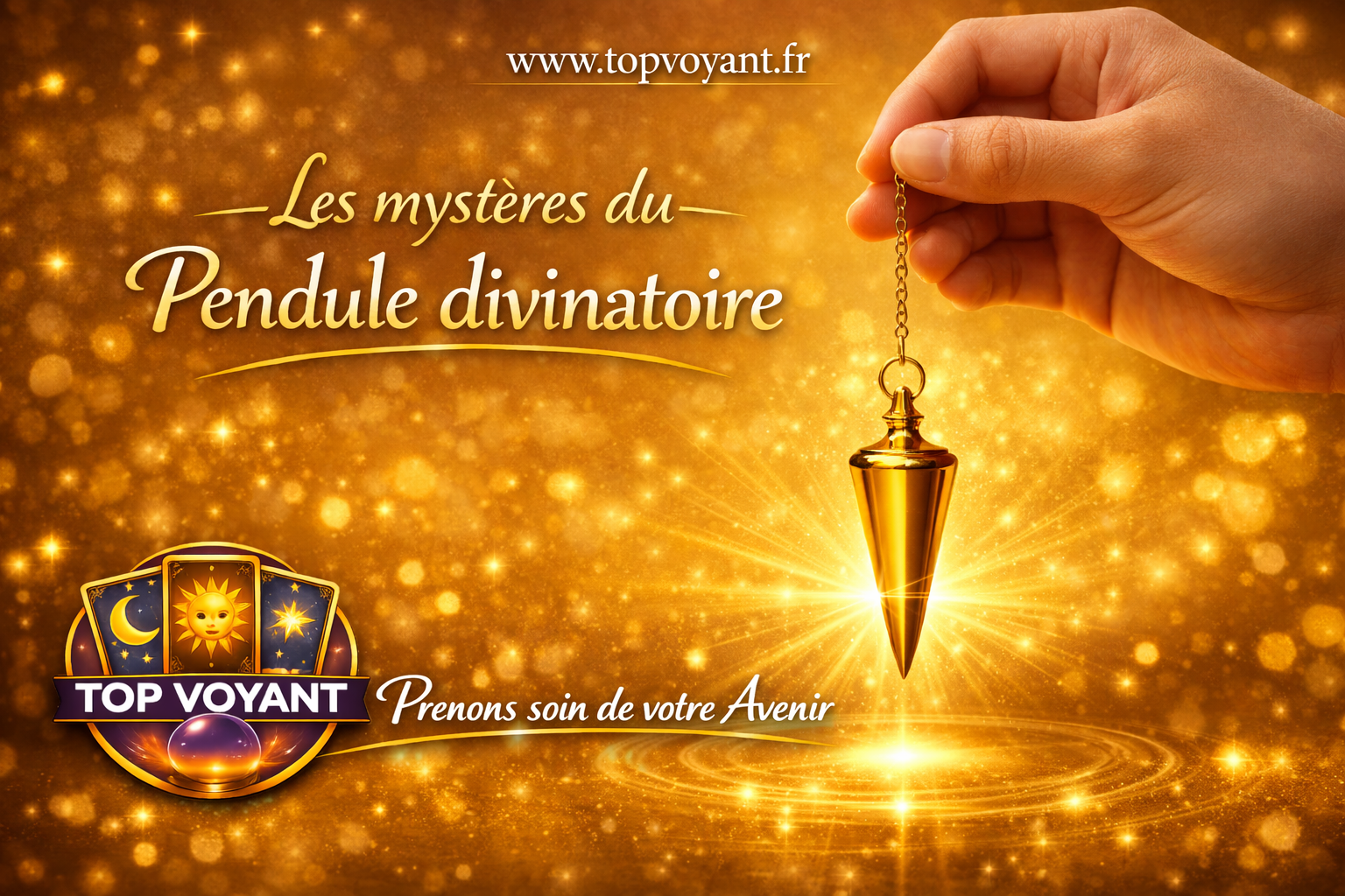 Pendule divinatoire doré oscillant tenu par une main de radiesthésiste