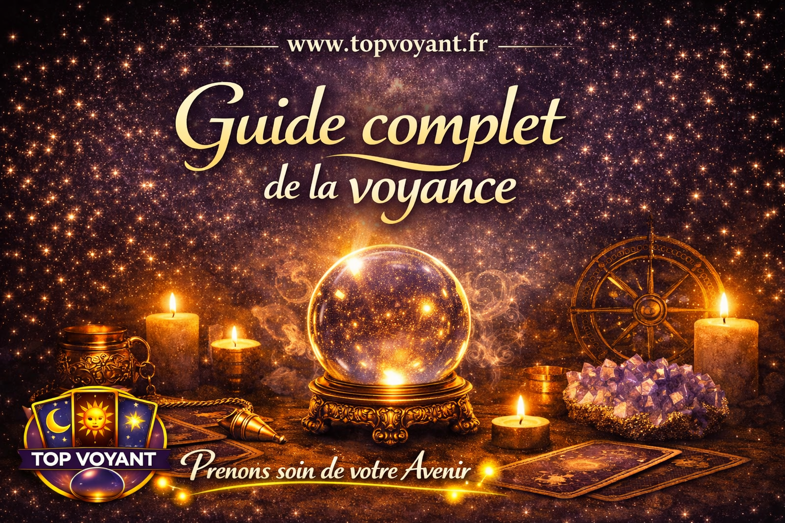 Ressources explicatives de la voyance avec tarots, boule de cristal, pentacles, bougies...