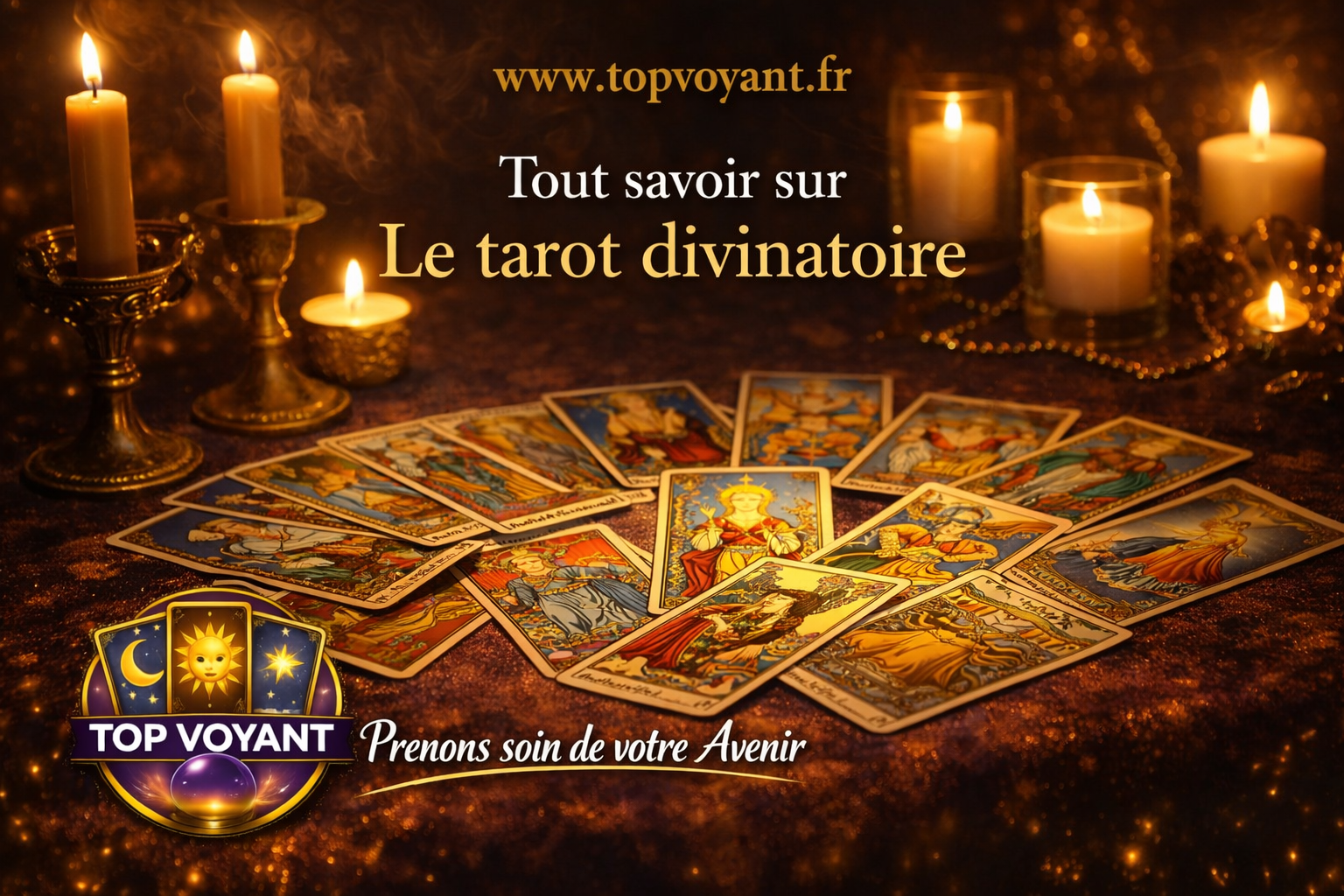 Jeu de tarot divinatoire éparpillé sur une table de voyant médium