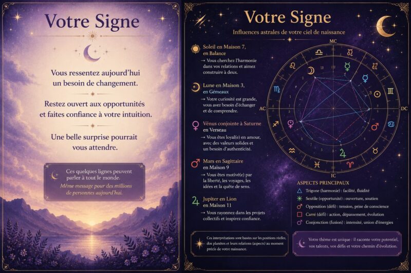 Comparaison visuelle entre un calendrier zodiacal générique et une carte du ciel calculée