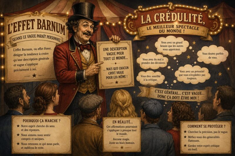 Illustration sur l'effet Barnum et les poncifs de la crédulité et la manipulation des esprits